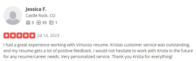 yelp review of Virtuoso Resumes as one of the best legal resume writing services