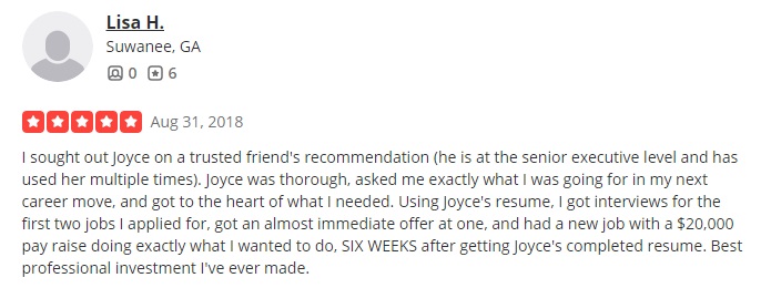 yelp review of Resumes By Joyce as one of the best CFO resume writing services
